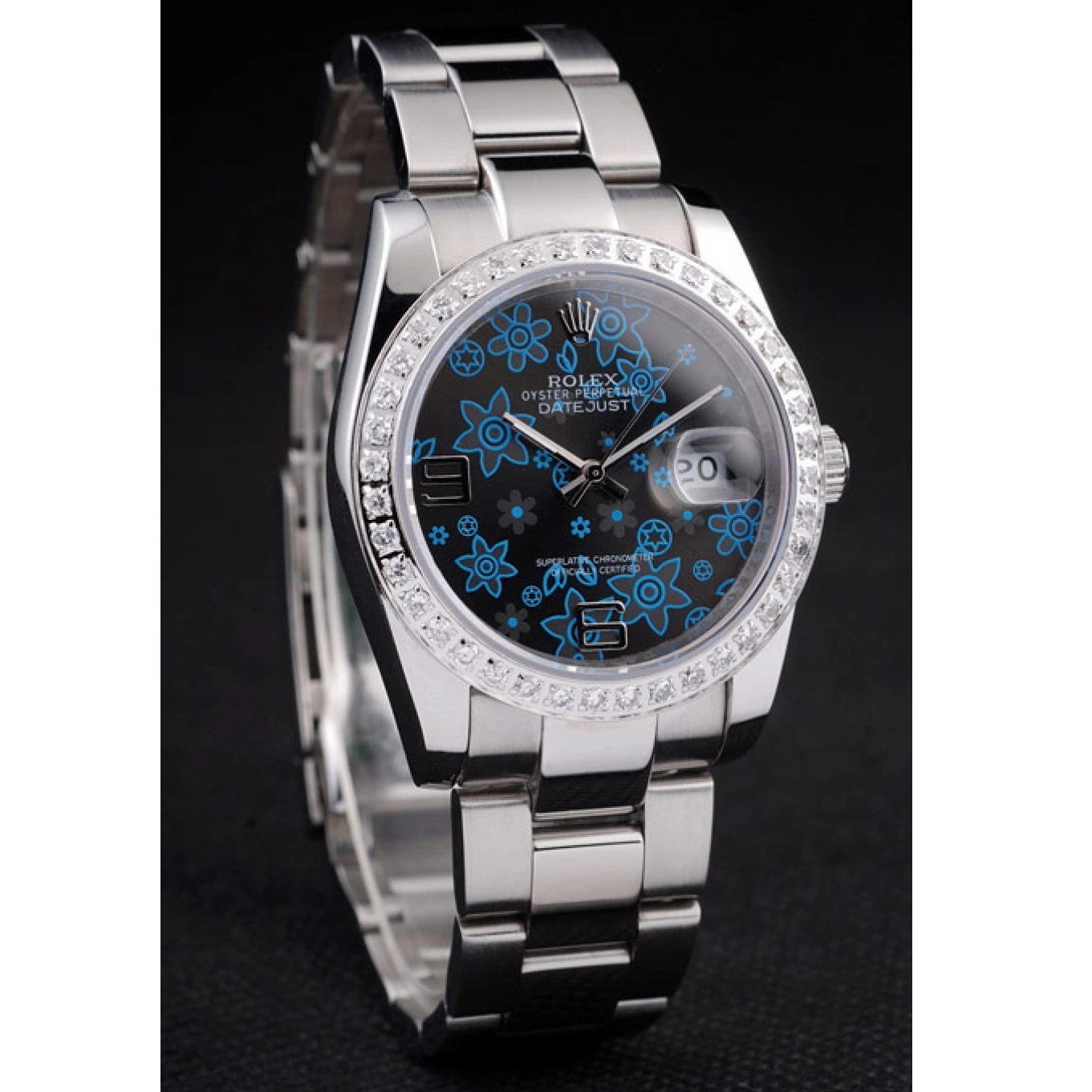 Rolex copies cheap Diamond Rolex Datejust Stainless Steel Plated Flowers Polished Dial Blue Dark 0528